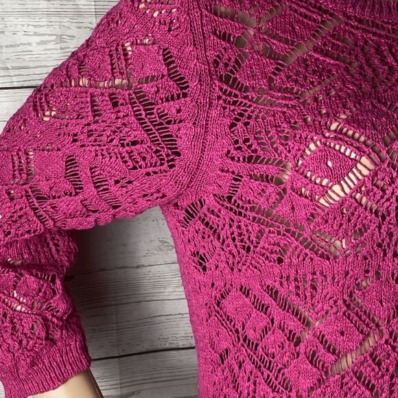 LC Lauren Conrad Sweater Medium Bright Pink Crochet Lace Front Tie Back Knit Top - Picture 5 of 12